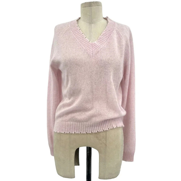 Minnie Rose Cashmere Frayed Edge Cropped V-Neck Sweater Pink Size Small‎ - Picture 1 of 9